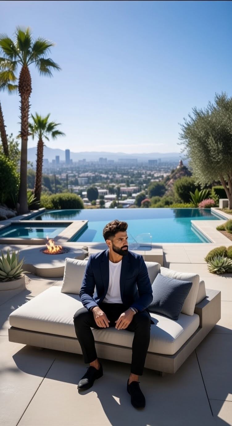 Andy Azadzoi overlooking the Los Angeles skyline from a Newport Beach hillside residence