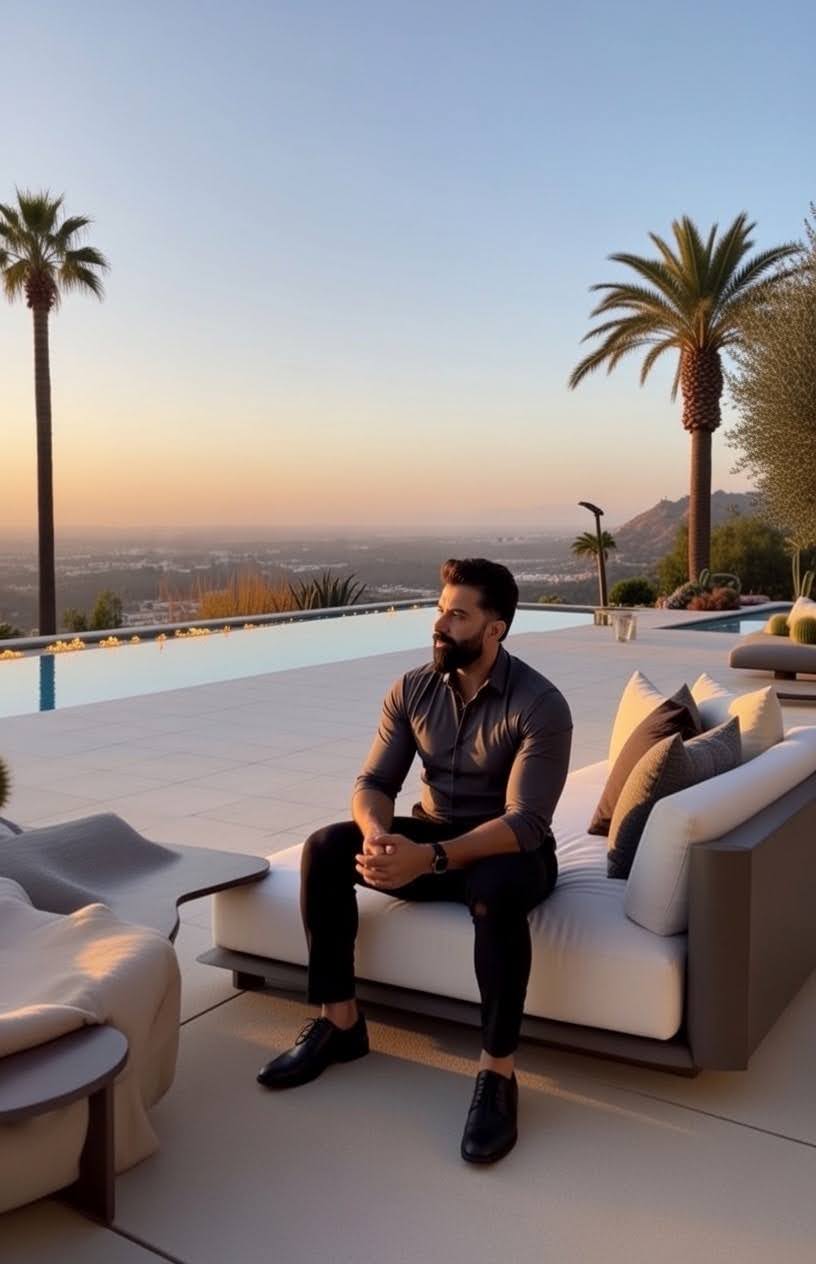 Andy Azadzoi at sunset beside an infinity pool overlooking the Southern California hills