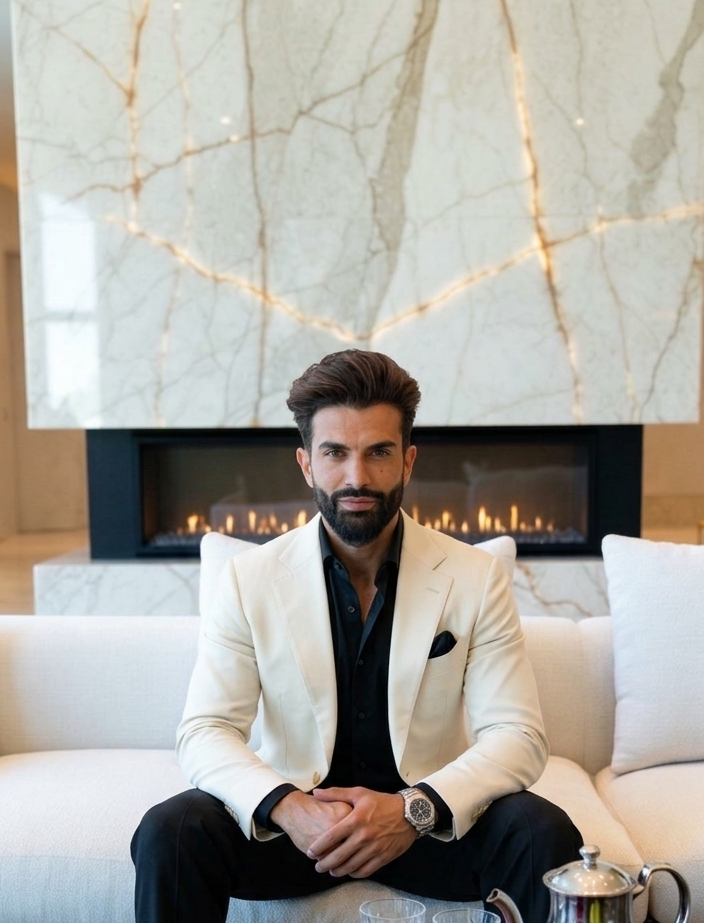 Andy Azadzoi, Founder and CEO of Clear Sky Builders, seated in a Newport Beach residence